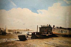 A Coopers Barge on the Thames, London by John Varley