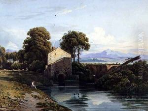 Watermill with Distant Castle and Hills, 1822 by John Varley