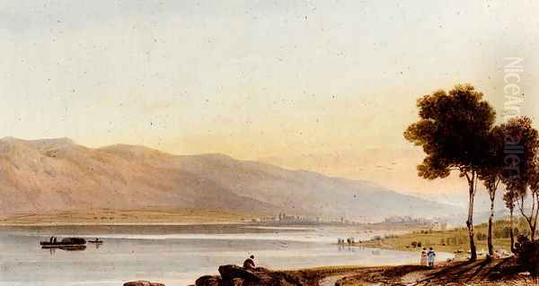 Figures And Sheep On The Shore Of Lake Geneva, With The Chateau De Chillon In The Distance - view 1