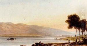 Figures And Sheep On The Shore Of Lake Geneva, With The Chateau De Chillon In The Distance by John Varley