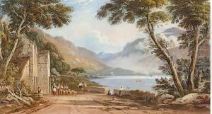 Figures and sheep on a lane, by Tal-y-Llyn Lake, near Cader Idris, North Wales