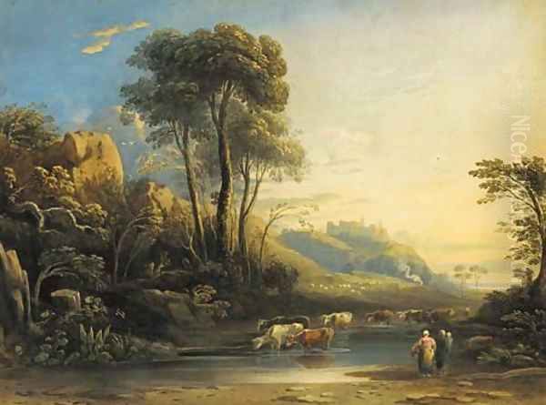 An extensive wooded landscape with cattle watering and a castle beyond - view 1