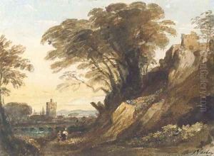 A landscape with a river and a castle on a cliff by John Varley