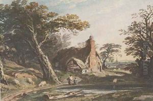 Figures by a cottage by John Varley