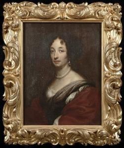 Portrait Of A Lady, Half-length,
 In A Claret And White Dress With Pearl Necklace And Earrings