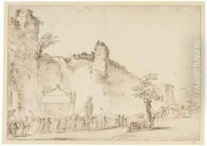 A Procession Leaving The Gates Of A Walled City by Cesare Gennari