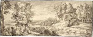 Panoramic Italianate Landscape With A Figure Resting In The Foreground by Abraham Genoels