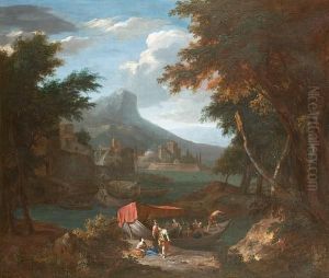 A Coastal Inlet With Figures On The Shore Beside Moored Shipping