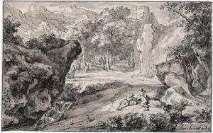 Rocky Italianate Landscape With Figures Resting By A Stream by Abraham Genoels