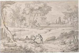 Classical Landscape With Figures Among Buildings By A Lake Classical Landscape With Figures Among Buildings By A Lake