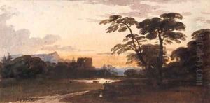 A figure in a wooded landscape with a castle beyond by John Varley