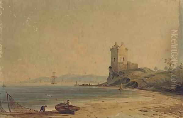 Figures mending the nets on the foreshore before a ruined tower - view 1
