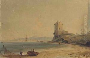 Figures mending the nets on the foreshore before a ruined tower by John Varley