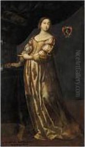 Portrait Of A Lady, Possibly 
Achileta Marliana, Full Length Standing, Wearing An Embroidered Yellow 
Dress, Pointing To Some Jewellery In An Open Drawer Of A Collector's 
Cabinet