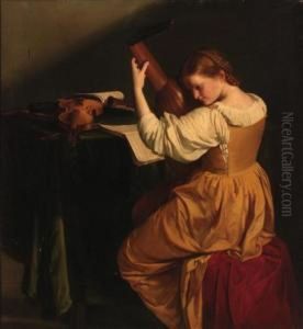 A Woman Tuning A Lute, Seated At
A Draped Table With Openmanuscripts, A Violin And Wind Instruments by Orazio Gentileschi