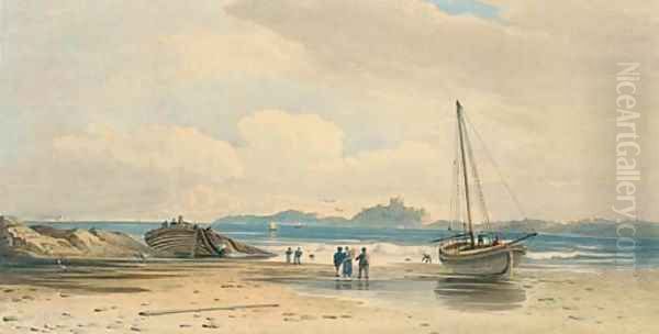 Figures on the shore with Bamburgh Castle beyond, Northumberland - view 1
