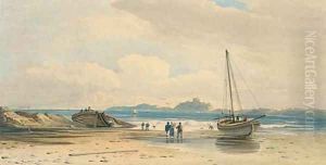 Figures on the shore with Bamburgh Castle beyond, Northumberland by John Varley