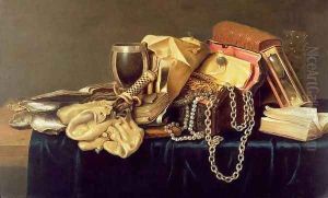 Still Life of a Jewellery Casket, Books and Oysters by Andries Vermeulen