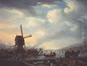 An Extensive Winter Landscape with Figures Skating by Andries Vermeulen