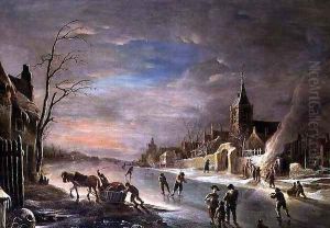Figures Gathered Around a Bonfire at the Edge of a Frozen River