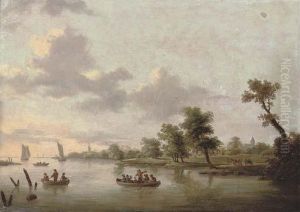 A Wooded River Landscape With
Anglers And A Cottage Beyond; And A River Landscape With Anglers In
Boats, A Village Beyond by Norbert Joseph Carl Grund