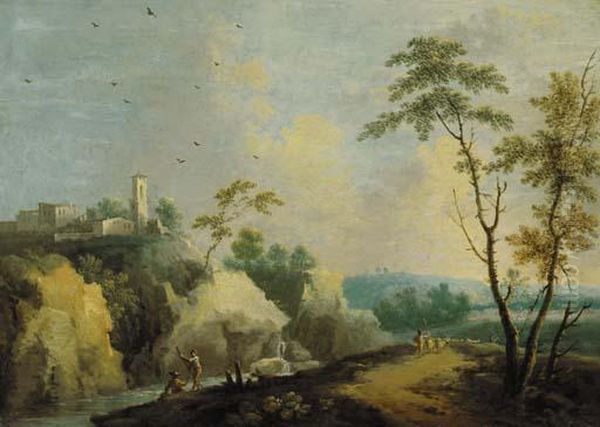 A Mountainous River Landscape
With A Couple On A Boat And A Shepherd With His Flock, A Village Beyond - view 1