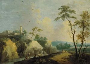 A Mountainous River Landscape 
With A Couple On A Boat And A Shepherd With His Flock, A Village Beyond by Norbert Joseph Carl Grund