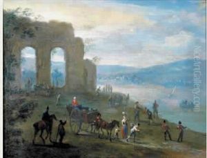Ruines Antiques Dans Un Paysage De Riviere Anime De Paysans Et De by Norbert Joseph Carl Grund