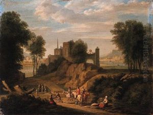 Rhenish Landscapes With
Travellers And Peasants On Sandy Tracks,classical Buildings Beyond by Norbert Joseph Carl Grund