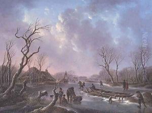 Skaters on a frozen river by Andries Vermeulen