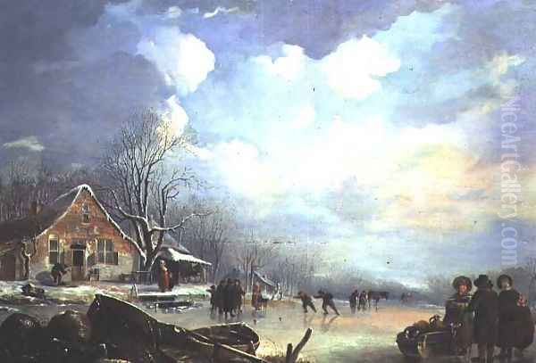 Winter landscape with cottage and figures - view 1