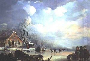 Winter landscape with cottage and figures by Andries Vermeulen
