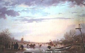 Skating scene on a frozen river by Andries Vermeulen