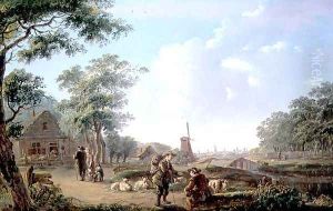 Rustic figures on the outskirts of a Dutch Town by Andries Vermeulen