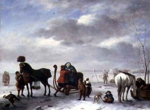 Winter Landscape with a Gentleman Assisting a Lady From a Sleigh by Andries Vermeulen