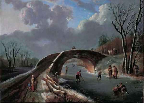 A winter landscape with skaters on a frozen river - view 1