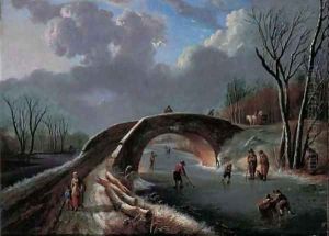 A winter landscape with skaters on a frozen river by Andries Vermeulen