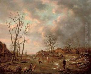 A winter landscape with figures skating on a frozen lake by Andries Vermeulen