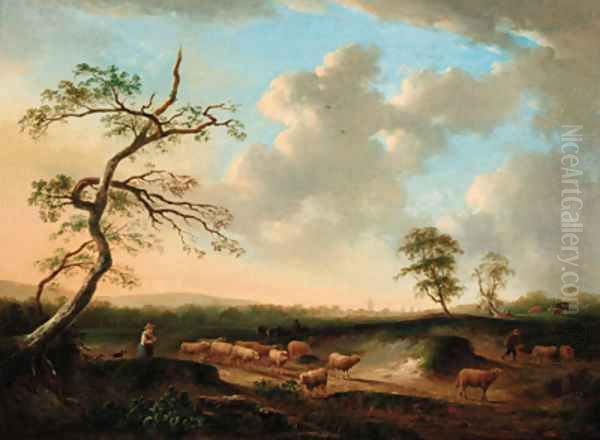 Shepherds with their flocks in an extensive landscape - view 1