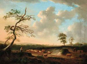 Shepherds with their flocks in an extensive landscape by Andries Vermeulen