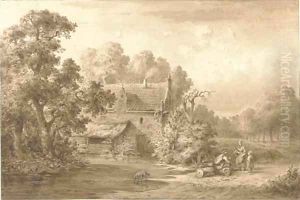 A forest landscape with travellers resting by a house with a pond by Andries Vermeulen