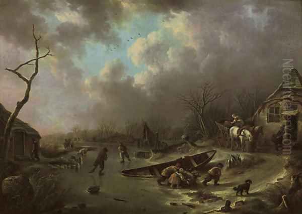 A winter landscape with figures skating on a frozen river - view 1