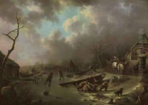 A winter landscape with figures skating on a frozen river by Andries Vermeulen