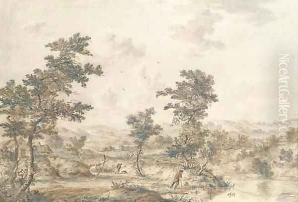 An extensive landscape with herdsmen by a stream - view 1