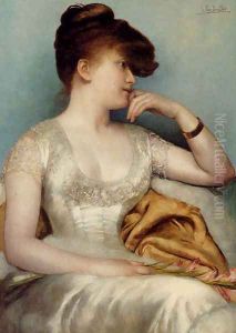 Portrait Of A Seated Lady Holding A Flower by Georges Van den Bos