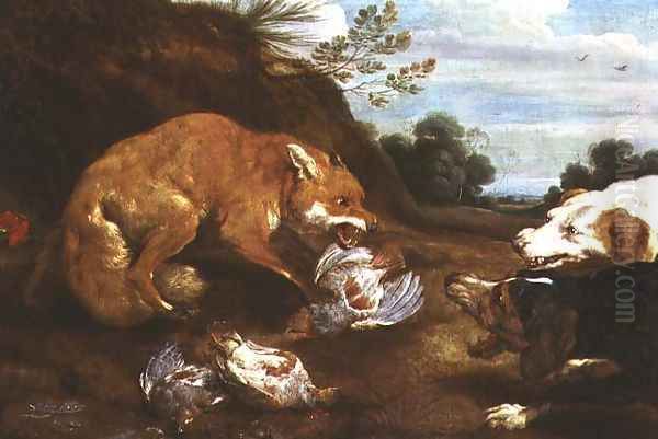 Fox and hounds fighting over partridges - view 1