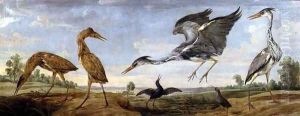 Bitterns, Herons and Water Rails in a Landscape by Paul de Vos