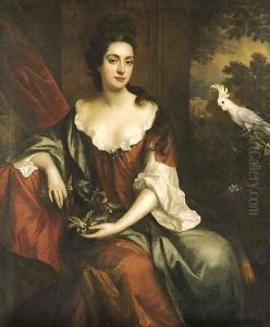 Portrait of a lady, three-quarter-length, seated in a brown dress with a blue cloak, holding orange blossom, by a red curtain with a white cockatoo