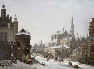 A Capriccio View of a Town with Figures on a Frozen Canal