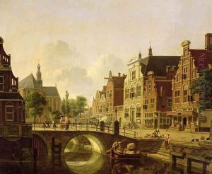 Dutch town scene with canal, figures and a church